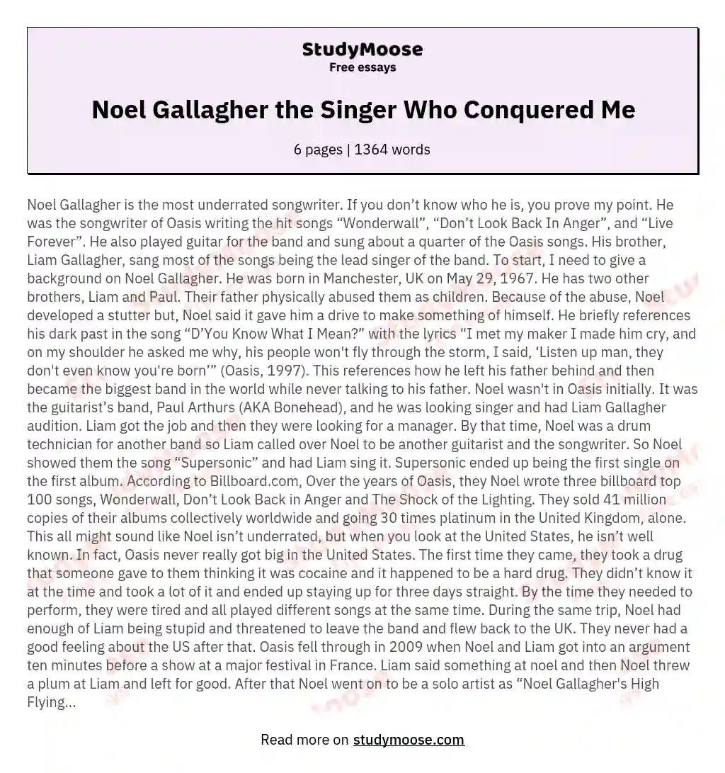 Noel Gallagher the Singer Who Conquered Me essay