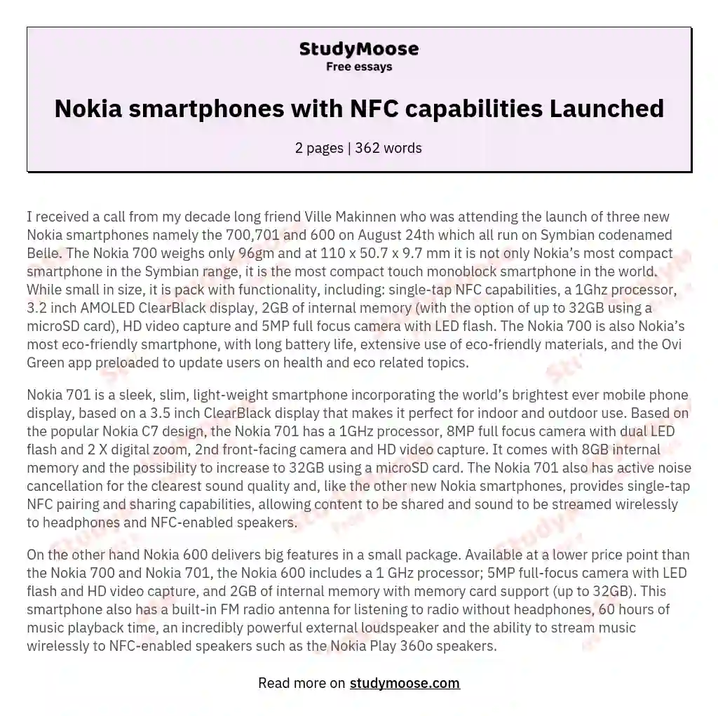 Nokia smartphones with NFC capabilities Launched essay