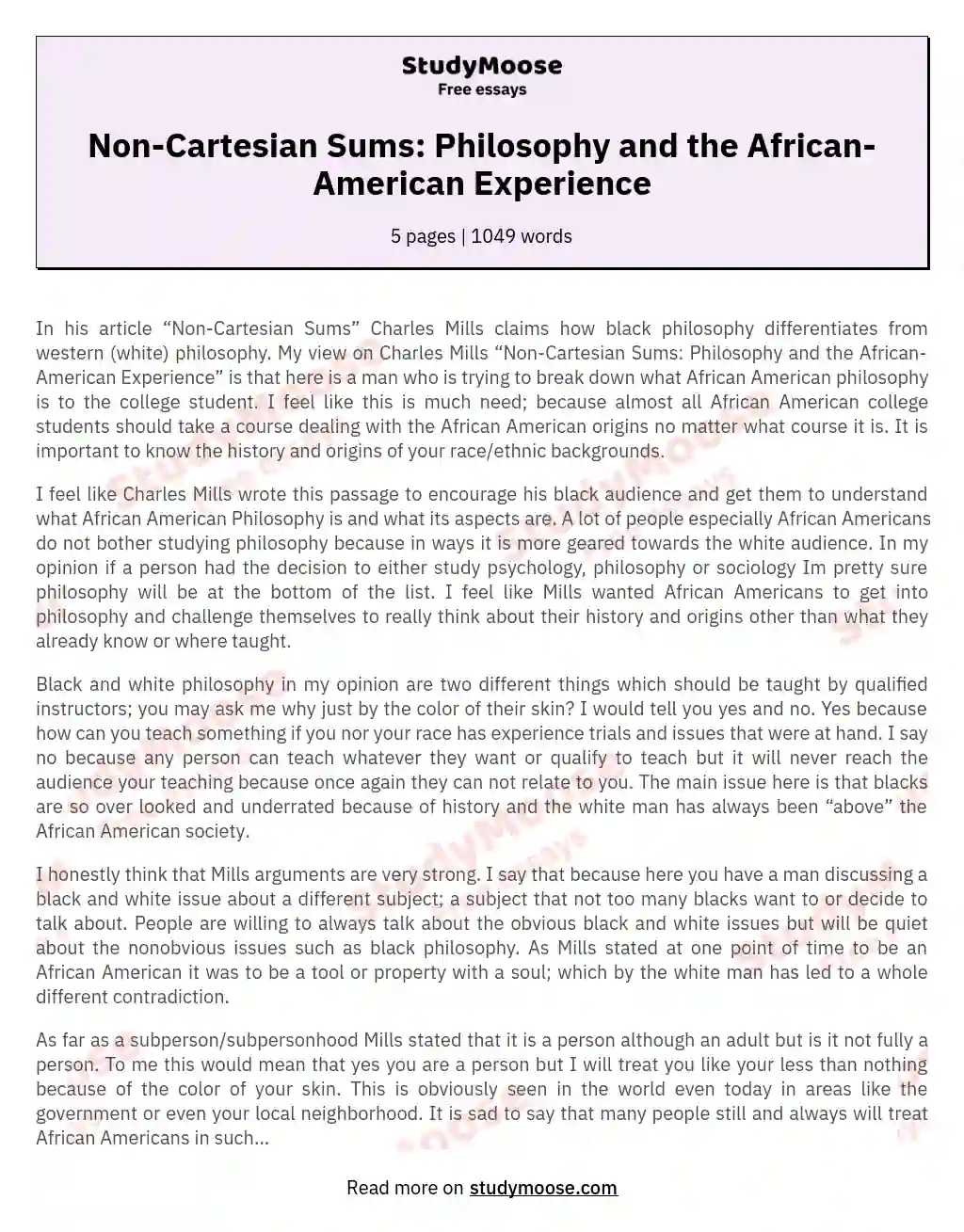 Non-Cartesian Sums: Philosophy and the African-American Experience essay