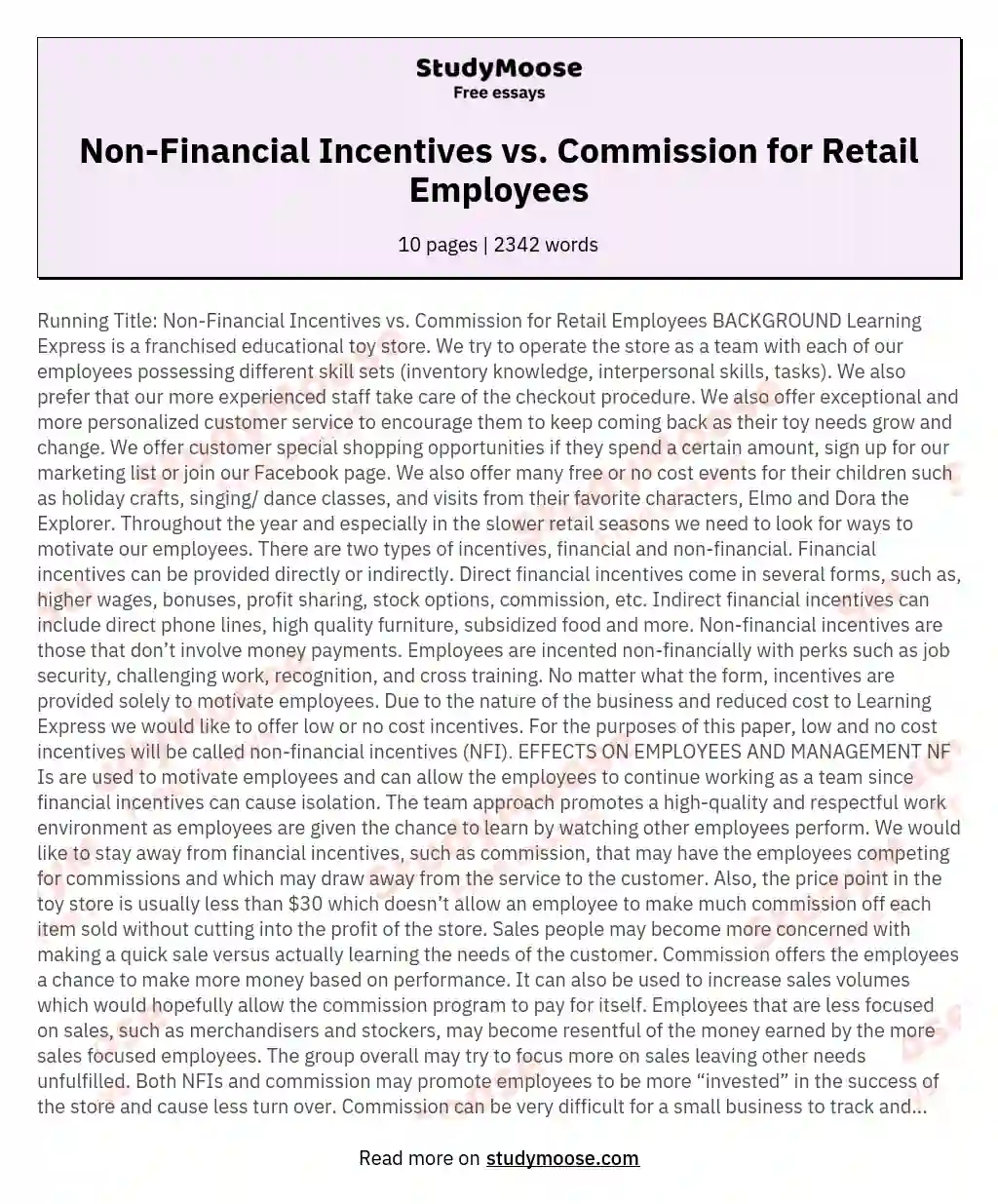 Non-Financial Incentives vs. Commission for Retail Employees