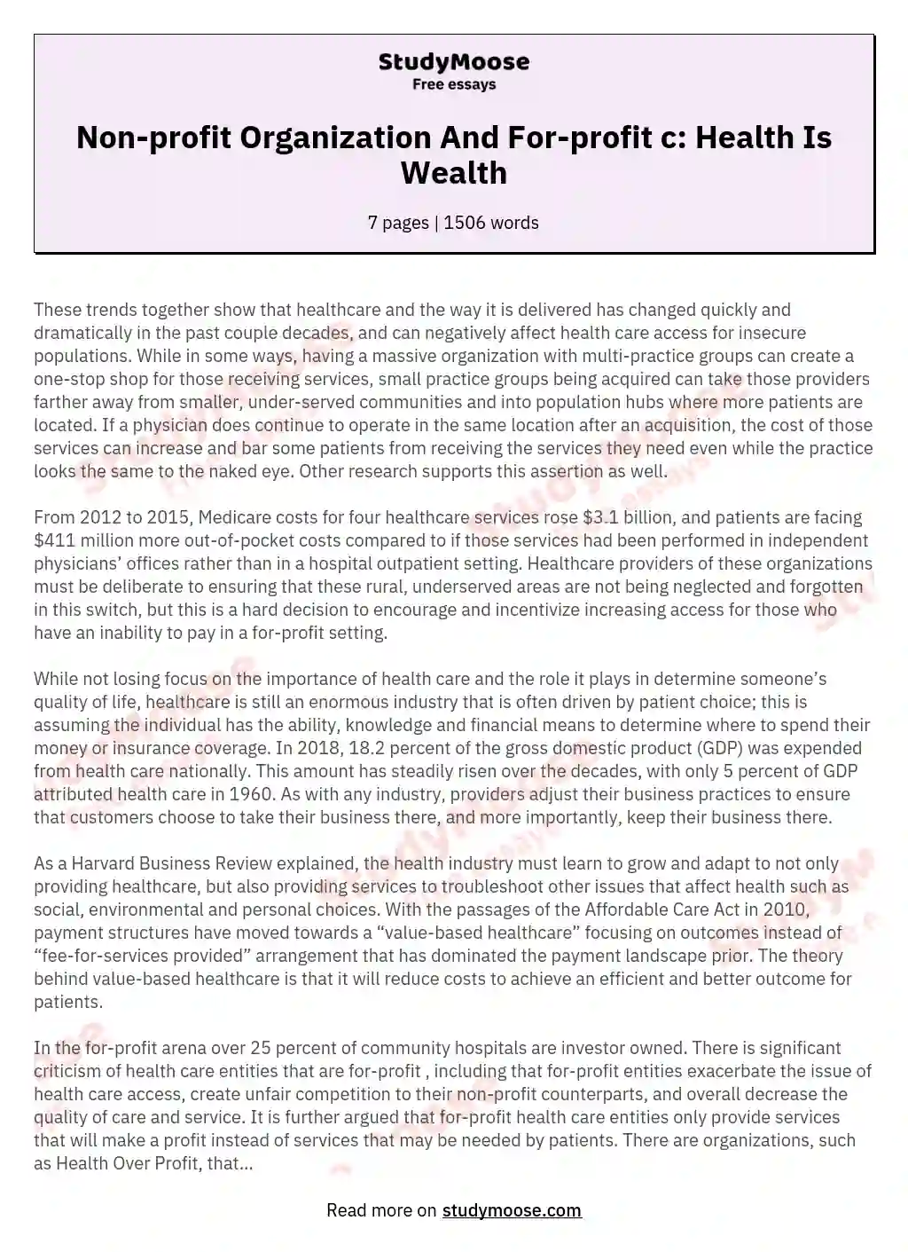Non-profit Organization And For-profit c: Health Is Wealth essay