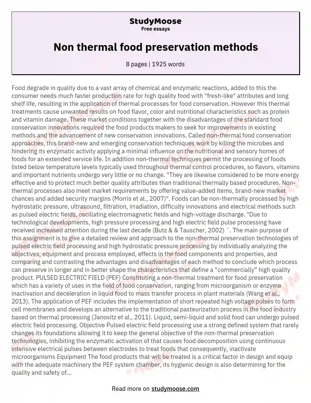 Non thermal food preservation methods essay