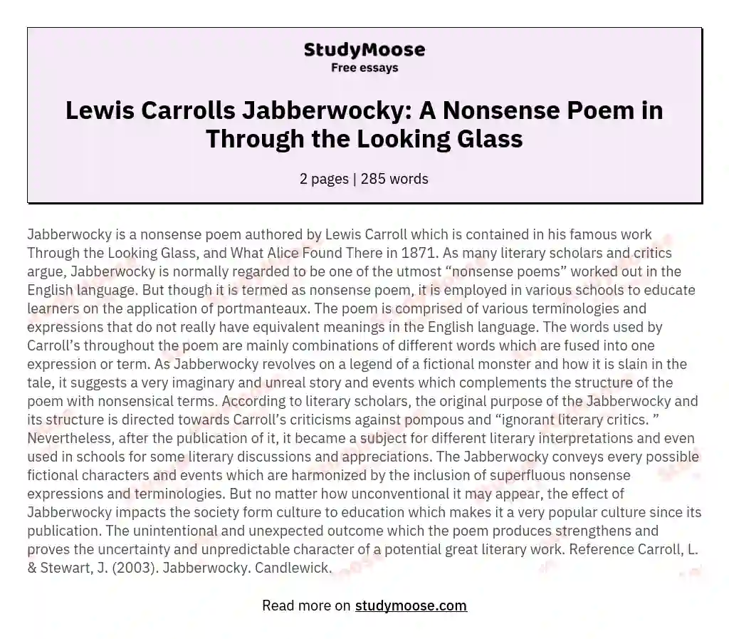 Lewis Carrolls Jabberwocky: A Nonsense Poem in Through the Looking Glass essay