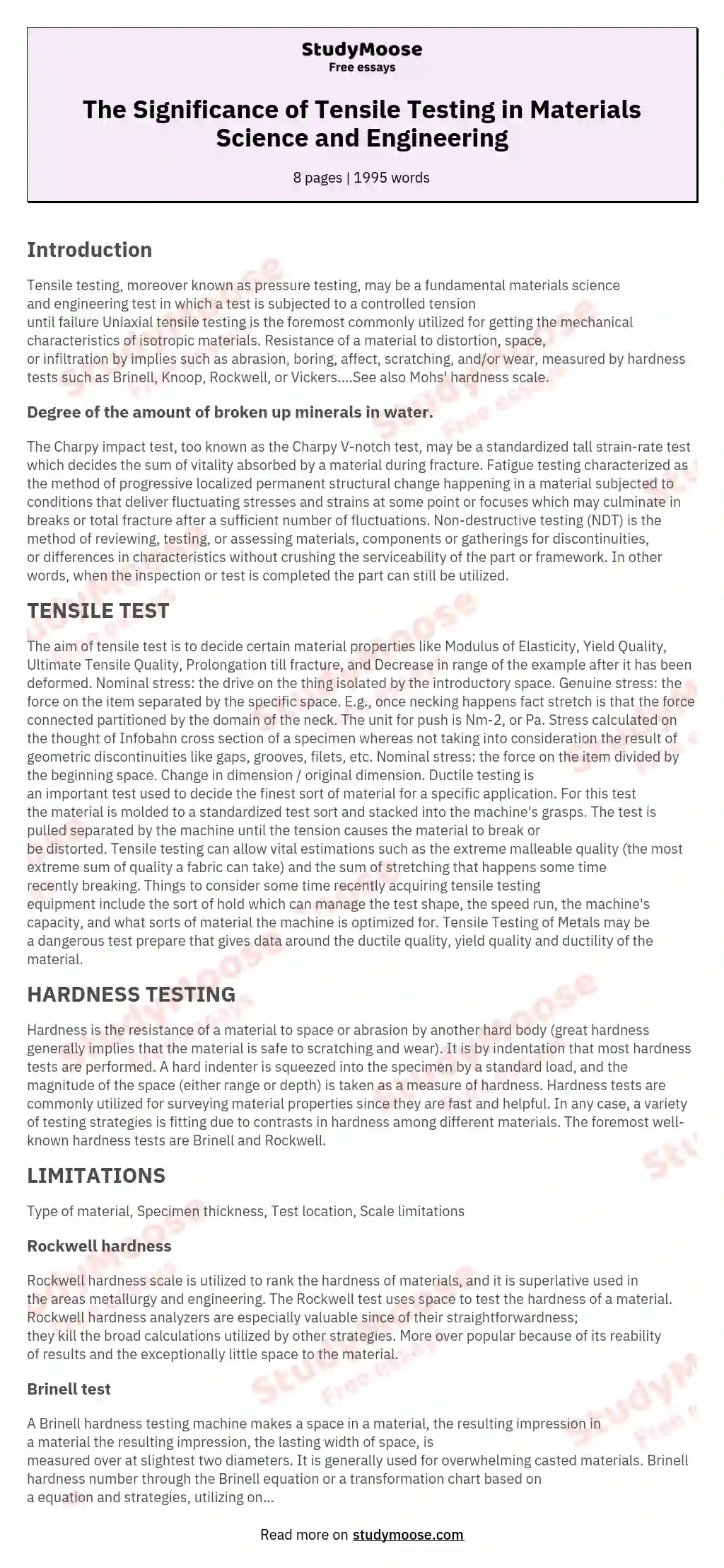 The Significance of Tensile Testing in Materials Science and Engineering essay