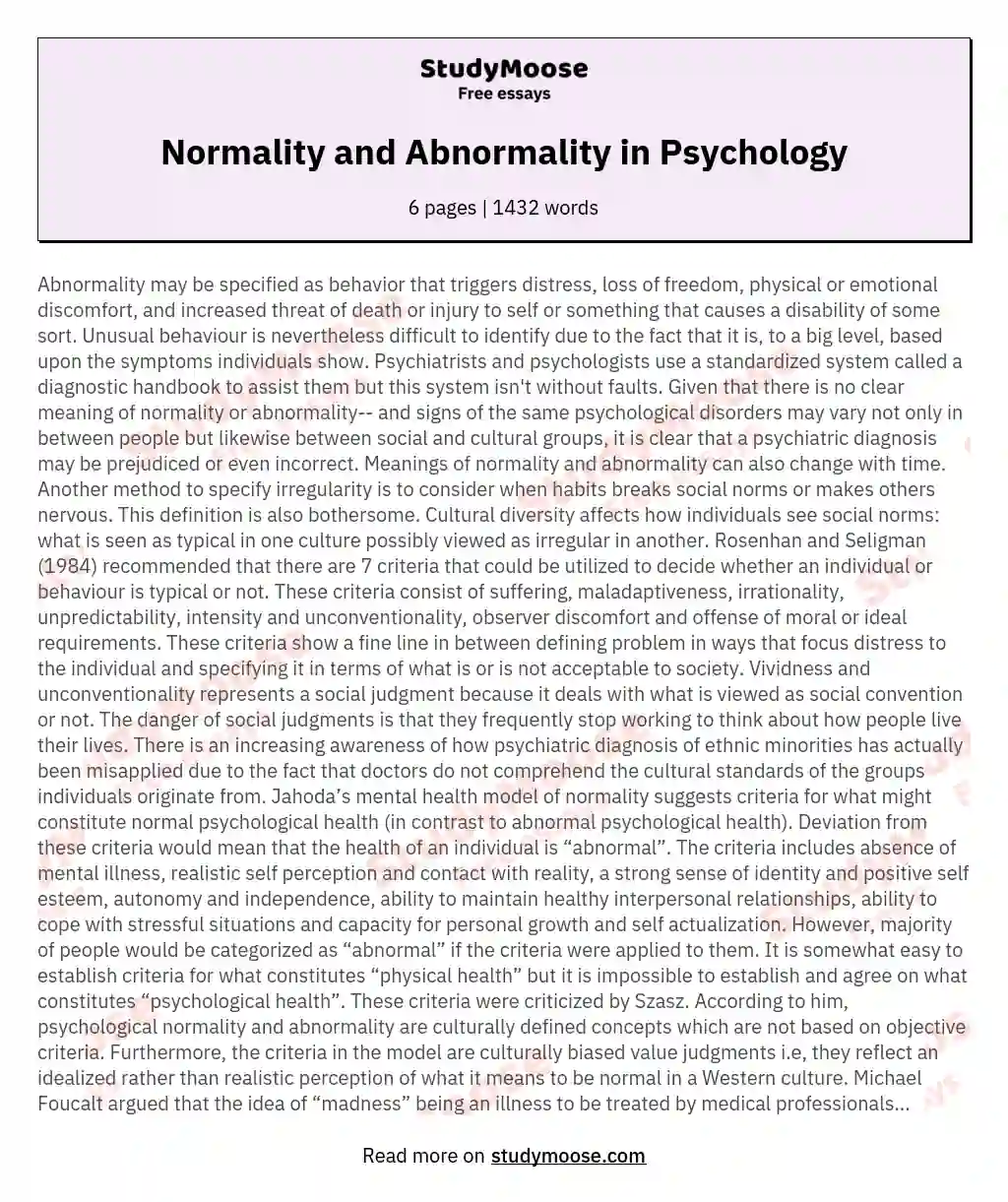 Normality and Abnormality in Psychology essay