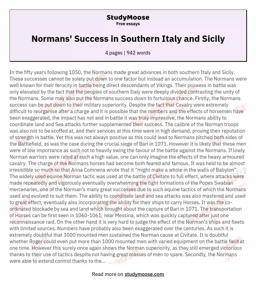 Normans' Success in Southern Italy and Sicily essay