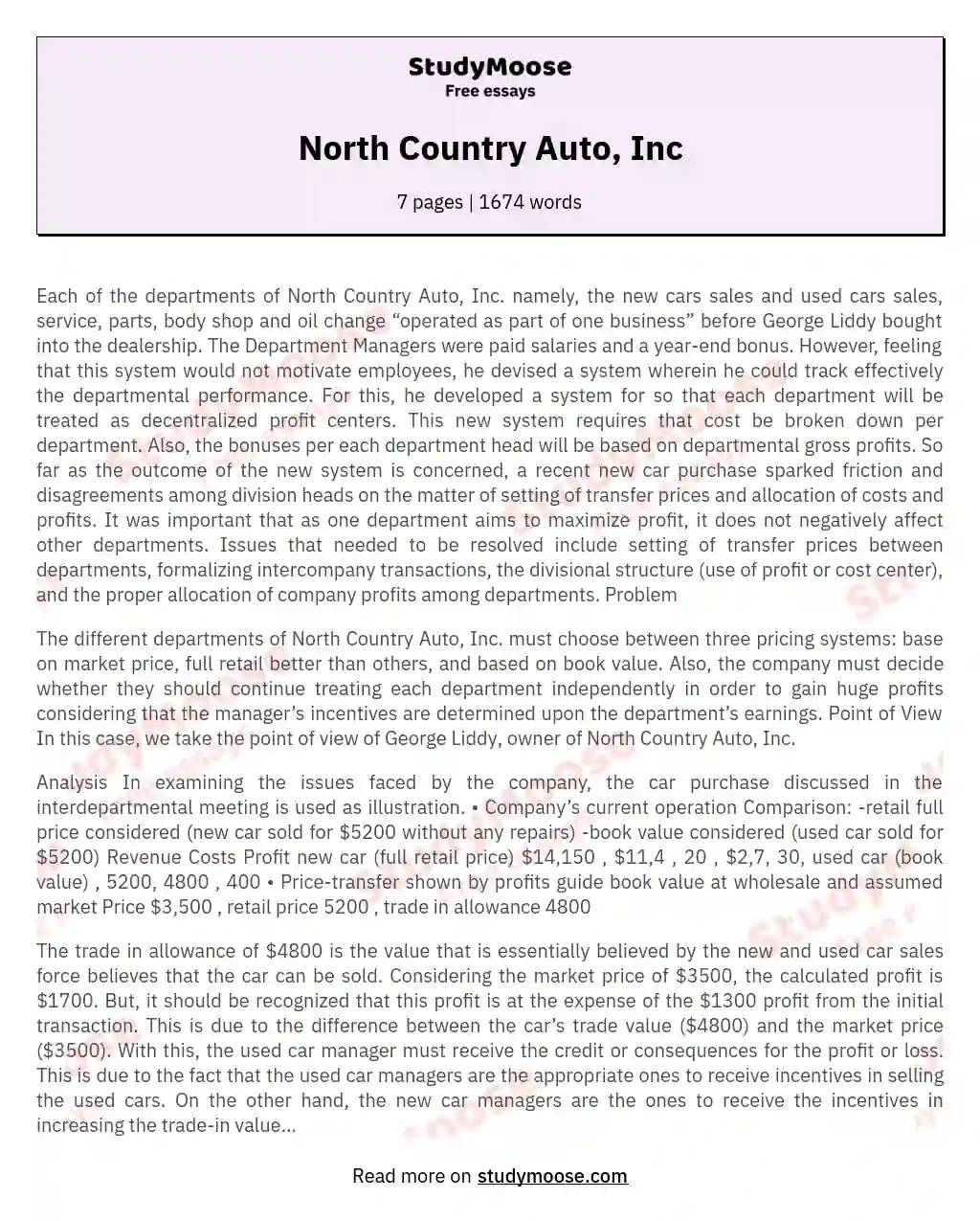 North Country Auto, Inc essay