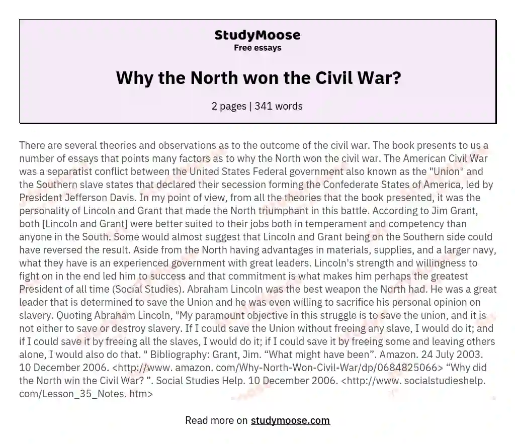 Why the North won the Civil War? essay