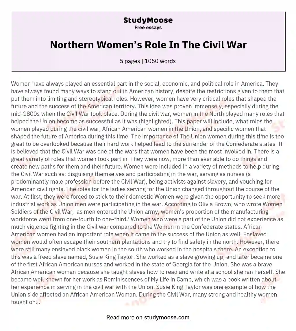 Northern Women’s Role In The Civil War essay
