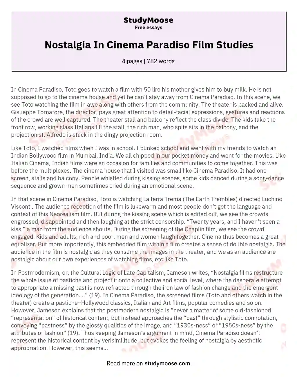 Nostalgia In Cinema Paradiso Film Studies essay