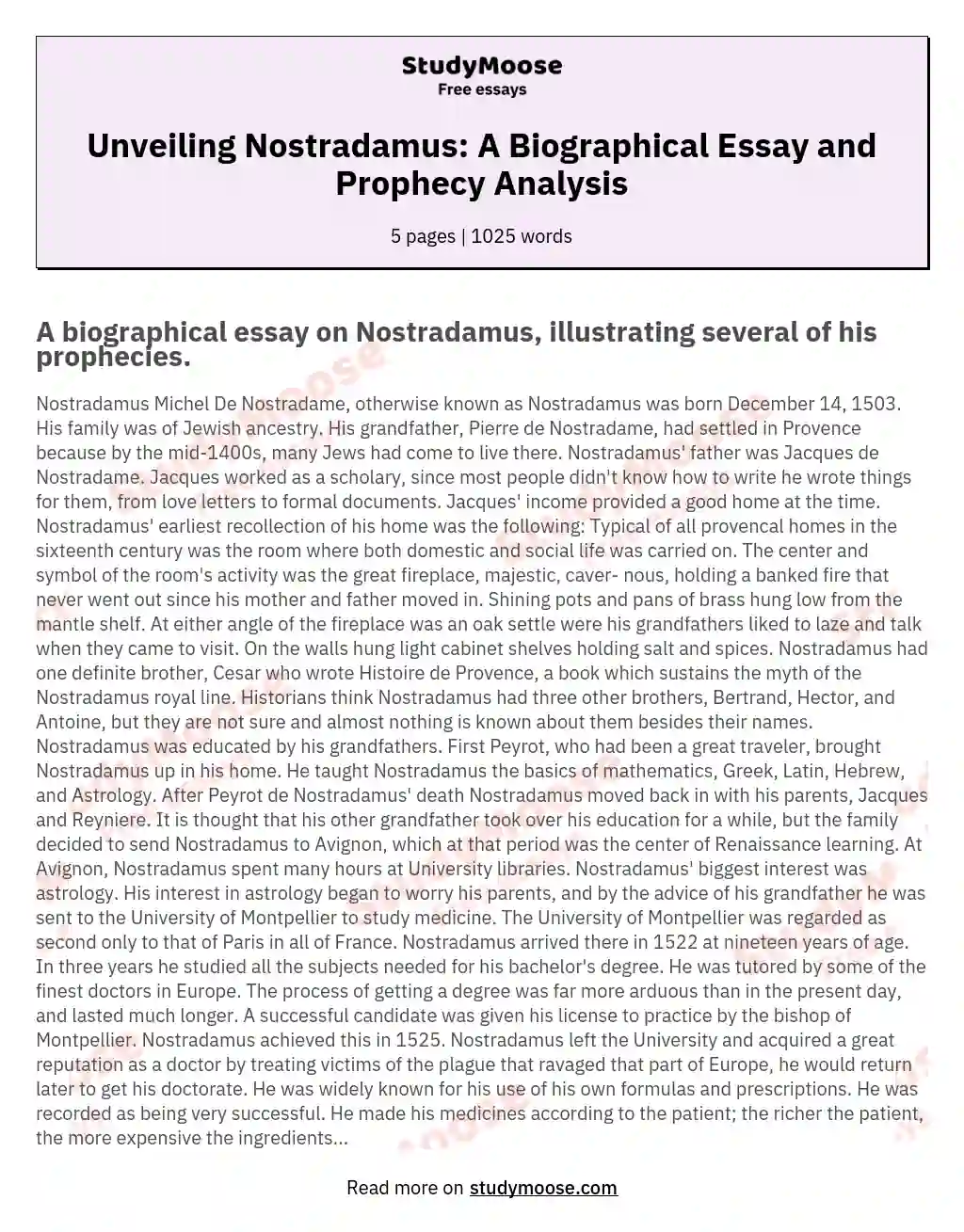 Unveiling Nostradamus: A Biographical Essay and Prophecy Analysis essay