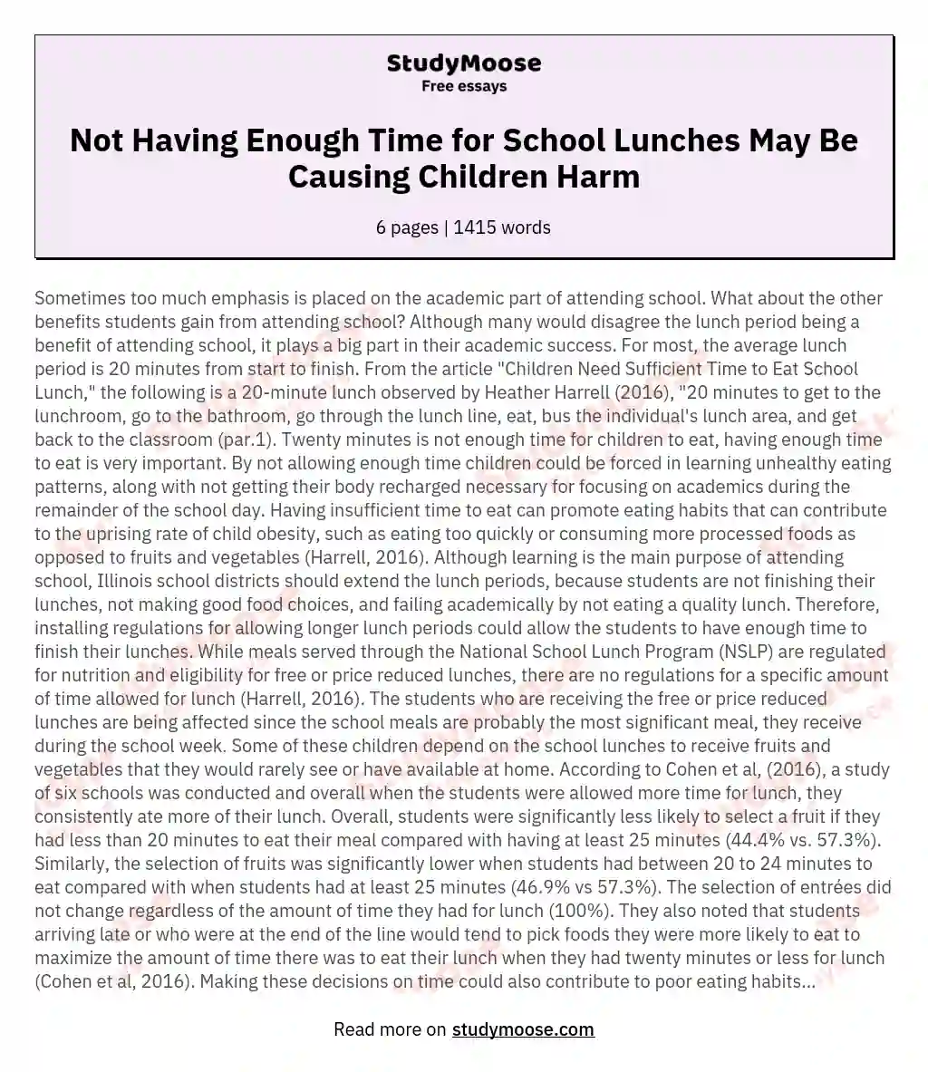 Not Having Enough Time for School Lunches May Be Causing Children Harm essay