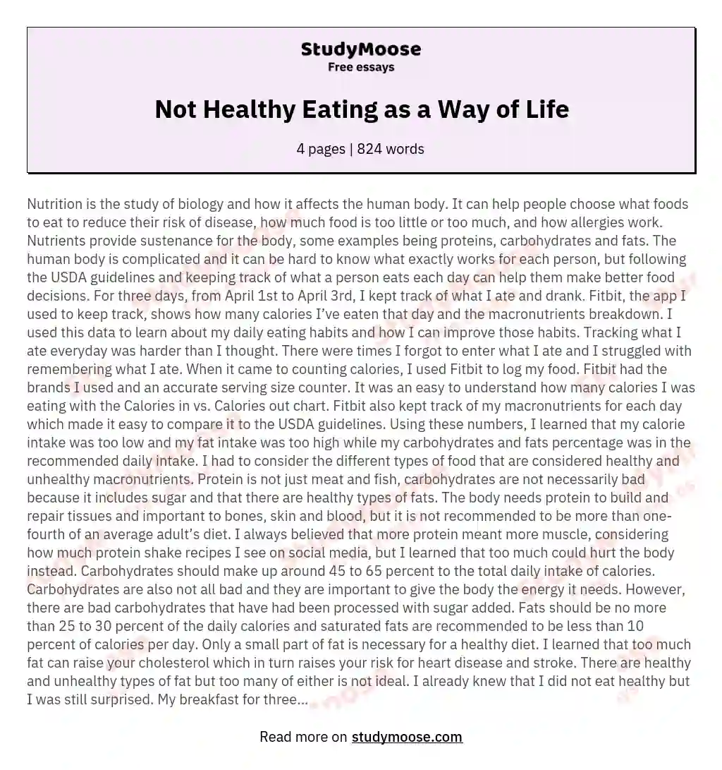 Not Healthy Eating as a Way of Life essay