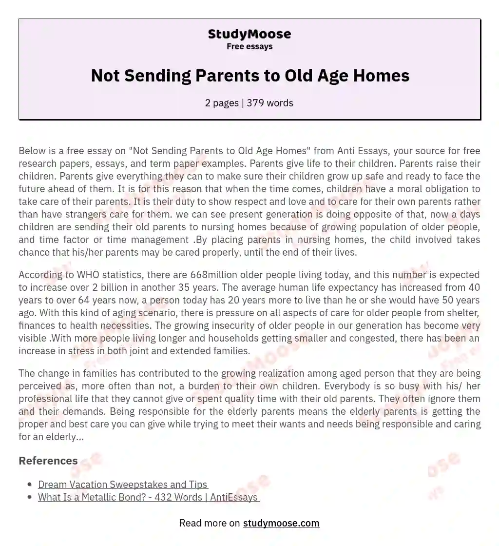 Not Sending Parents to Old Age Homes essay