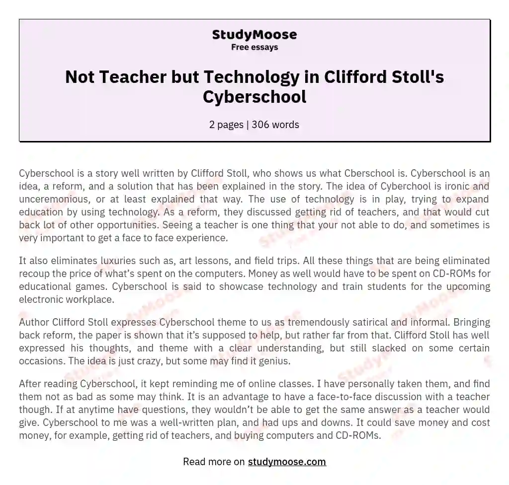 Not Teacher but Technology in Clifford Stoll's Cyberschool essay