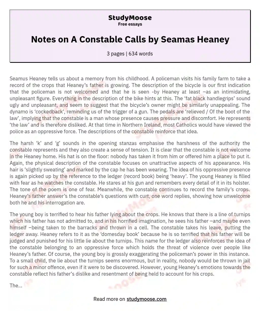 Notes on A Constable Calls by Seamas Heaney essay