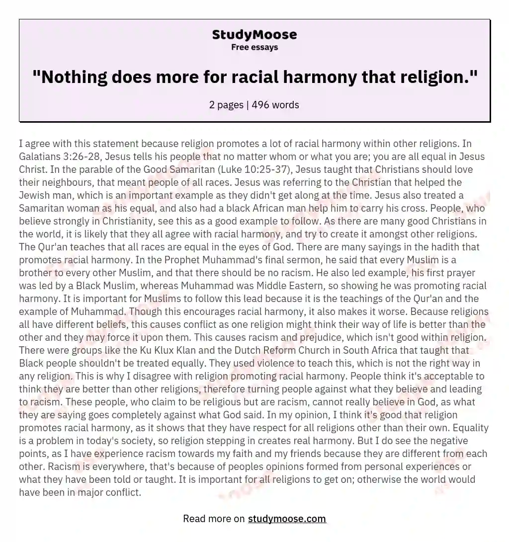 "Nothing does more for racial harmony that religion." essay