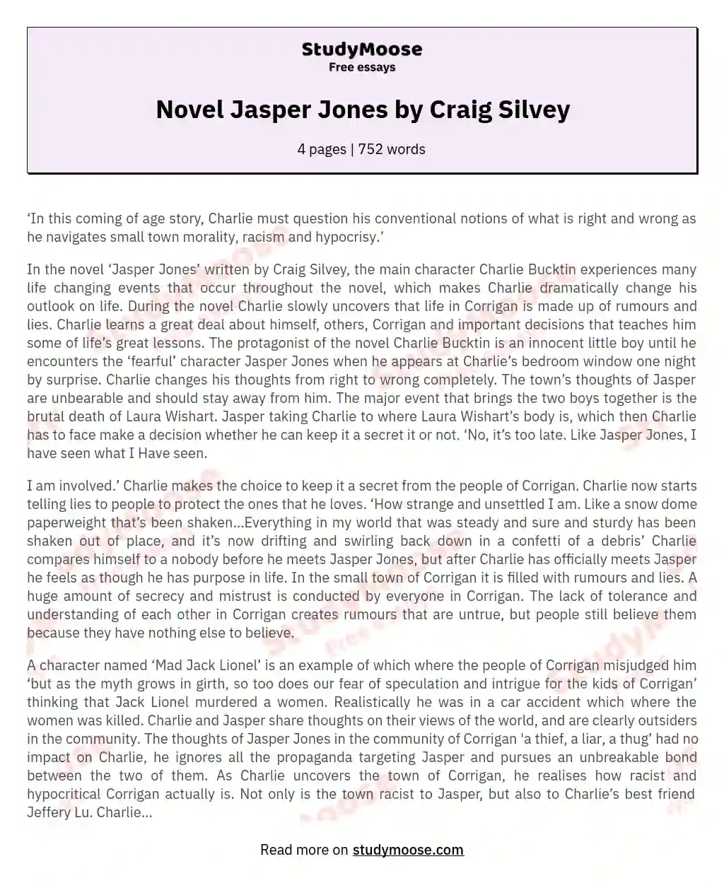 Novel Jasper Jones by Craig Silvey