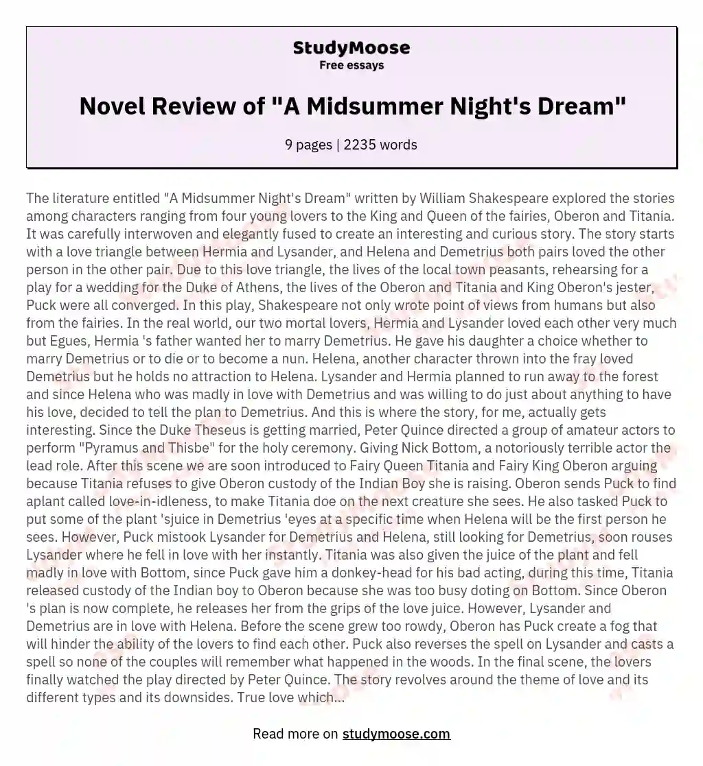 Novel Review of "A Midsummer Night's Dream" essay