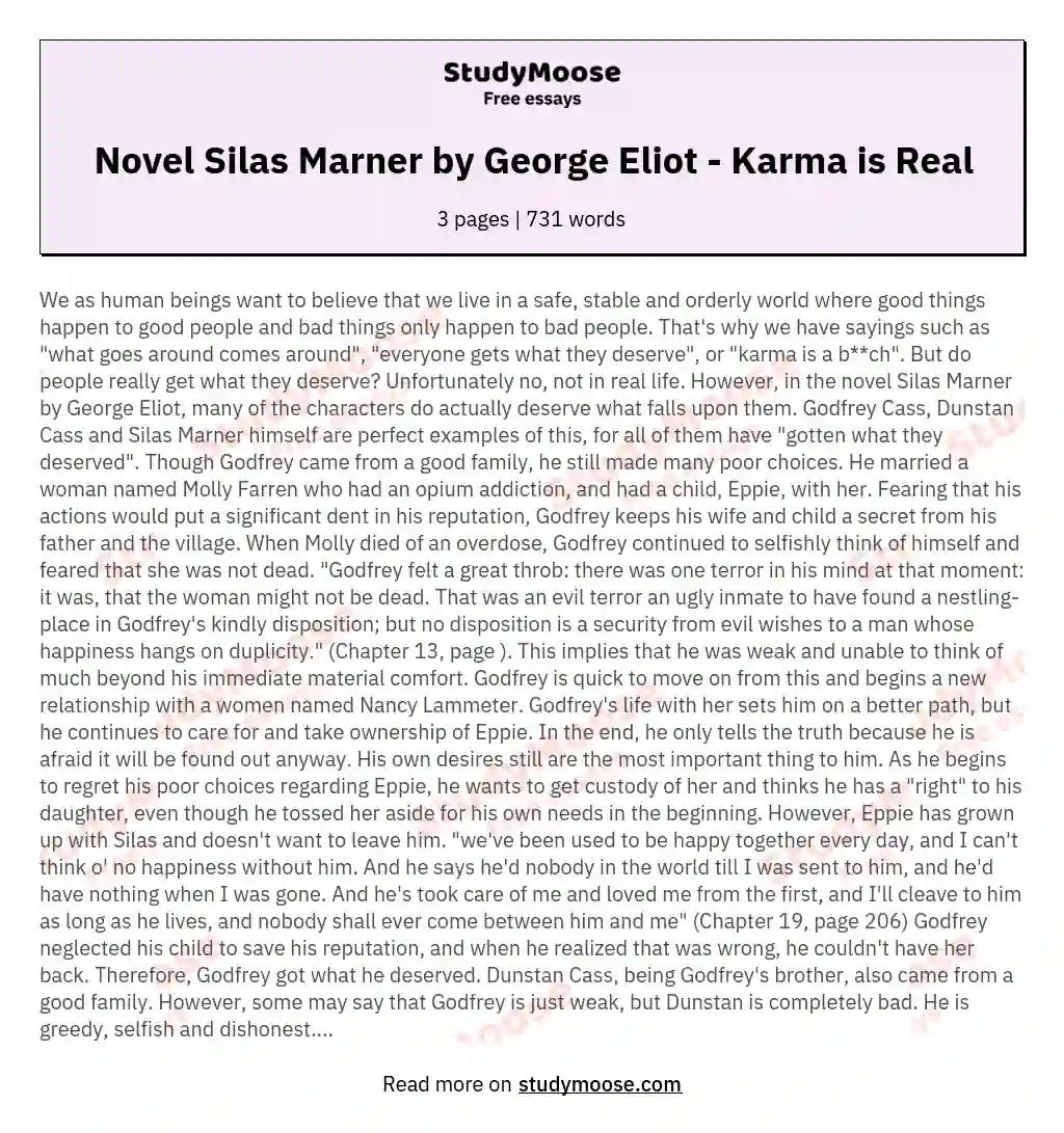 Novel Silas Marner by George Eliot - Karma is Real