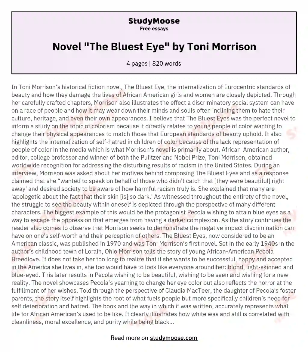 Novel "The Bluest Eye" by Toni Morrison essay