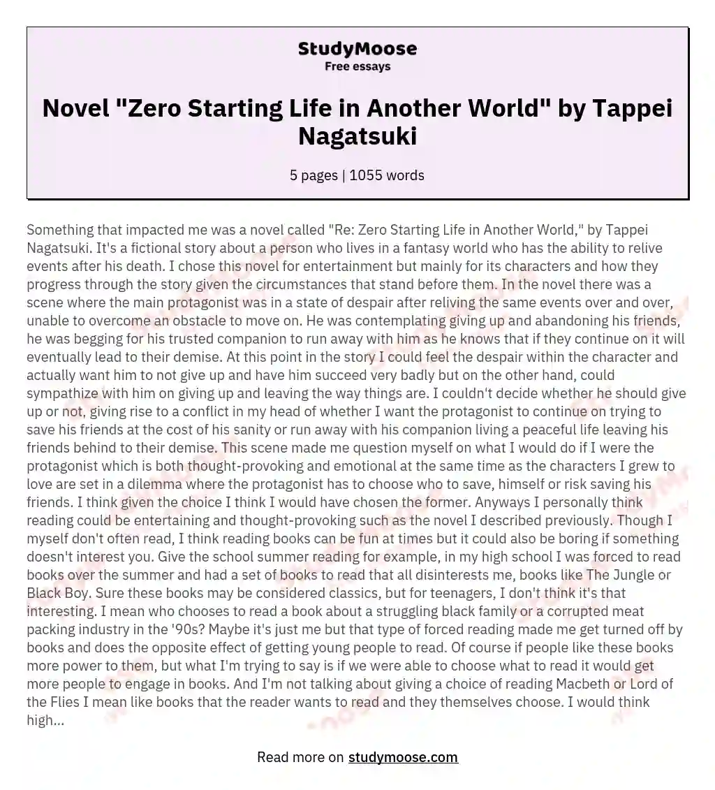 Novel "Zero Starting Life in Another World" by Tappei Nagatsuki essay