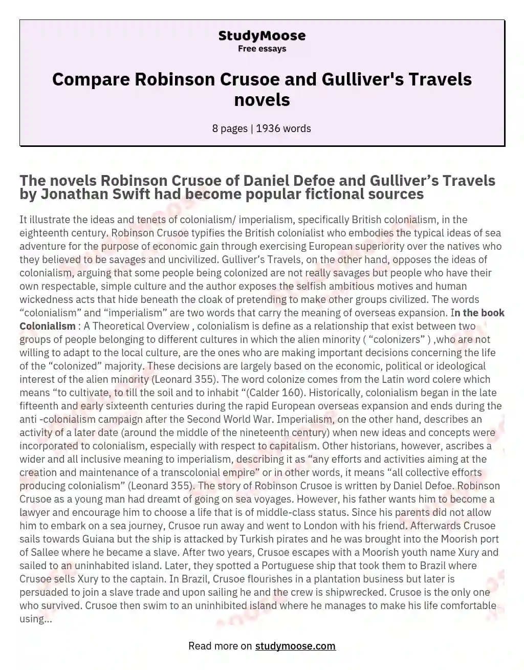 Compare Robinson Crusoe and Gulliver's Travels novels essay