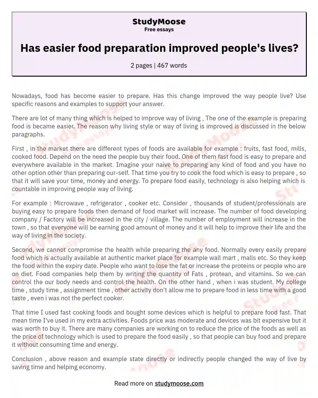 Has easier food preparation improved people's lives? essay