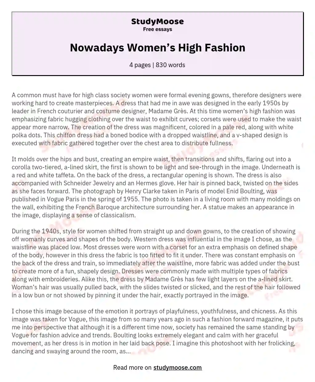 Nowadays Women’s High Fashion essay