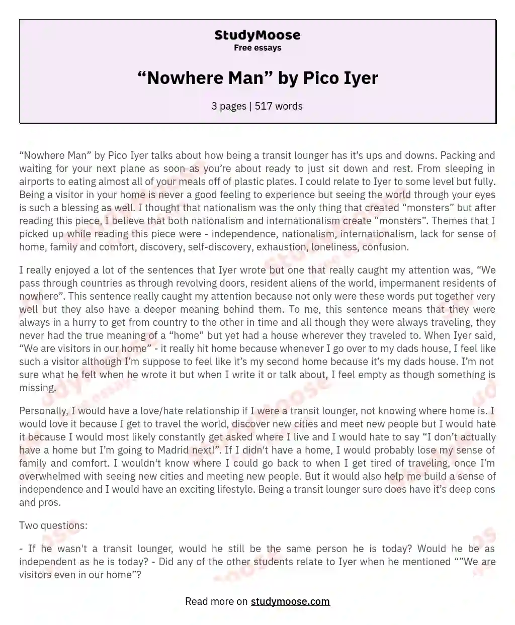 “Nowhere Man” by Pico Iyer essay