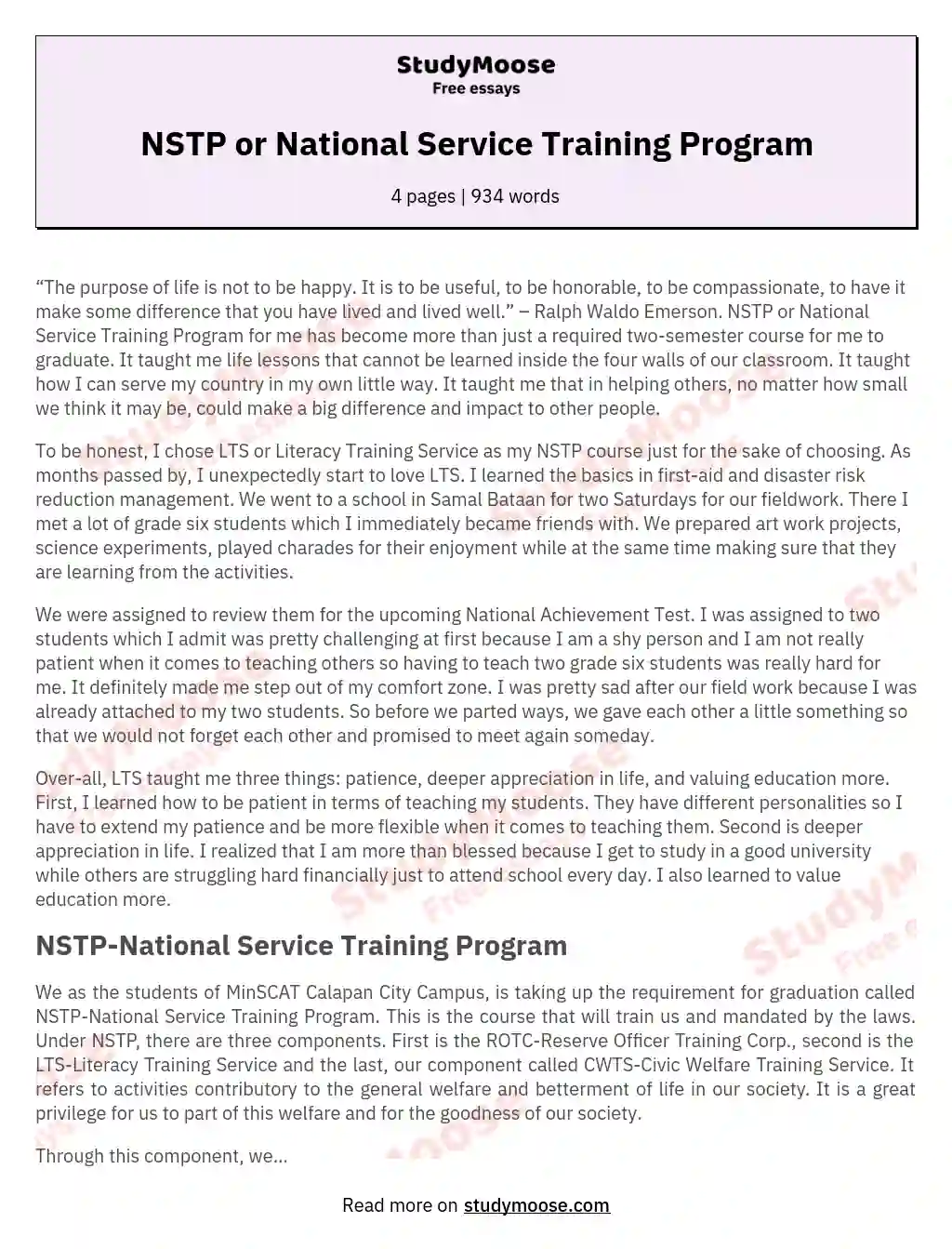 NSTP or National Service Training Program essay