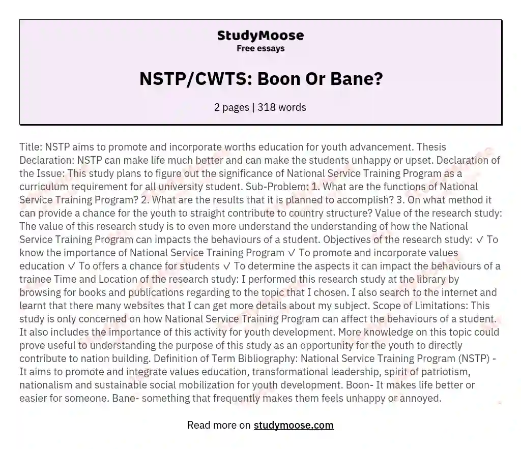 NSTP/CWTS: Boon Or Bane? essay