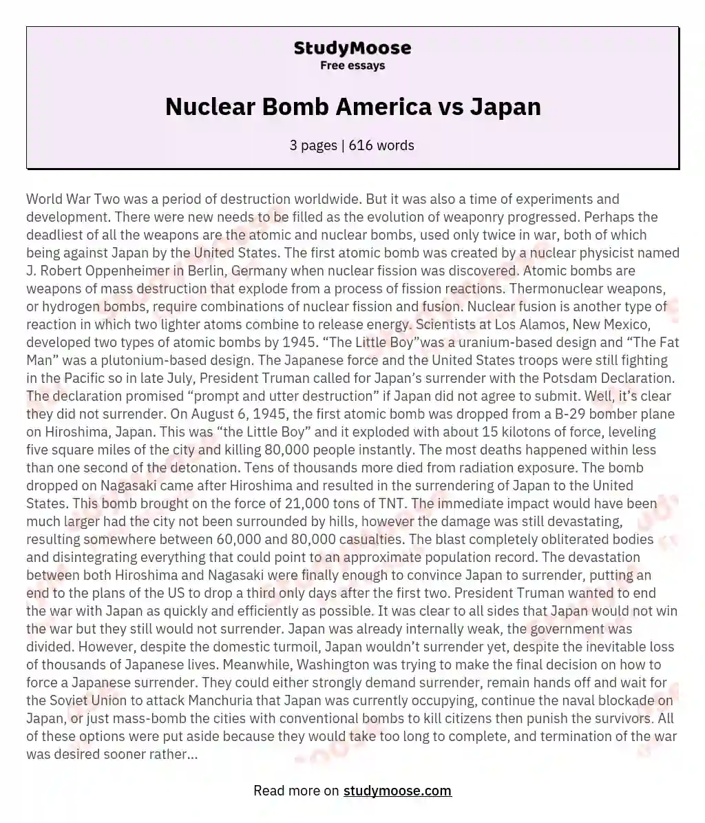 Nuclear Bomb America vs Japan essay