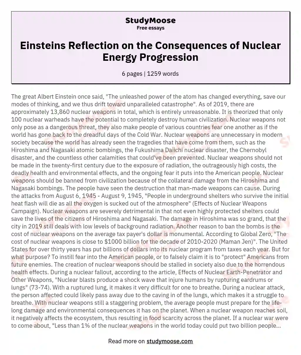 Einsteins Reflection on the Consequences of Nuclear Energy Progression essay
