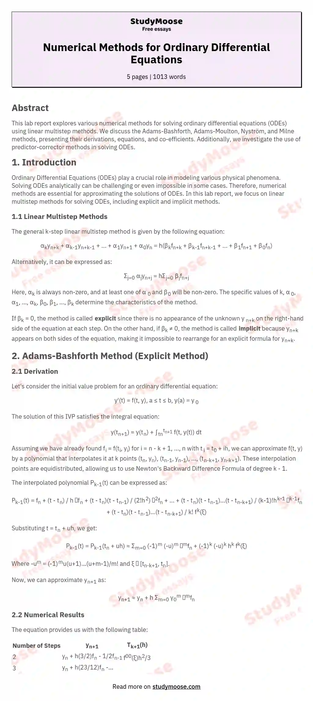 Numerical Methods for Ordinary Differential Equations essay