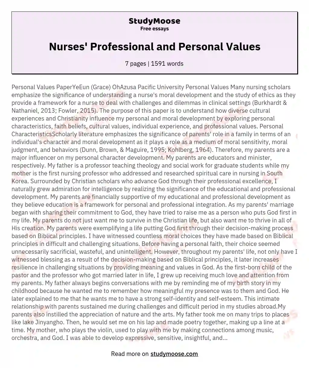 Nurses' Professional and Personal Values essay