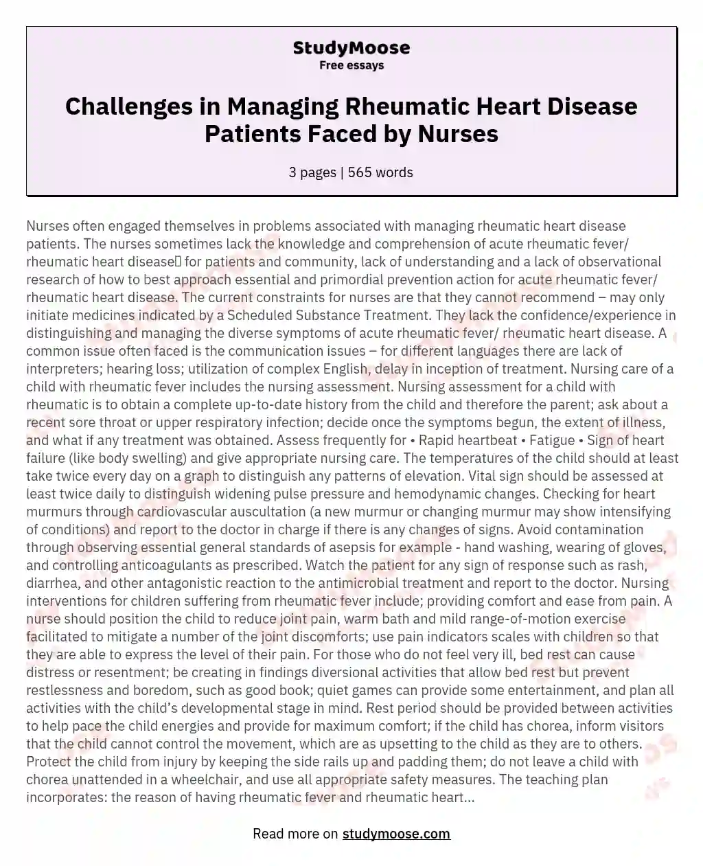 Challenges in Managing Rheumatic Heart Disease Patients Faced by Nurses essay