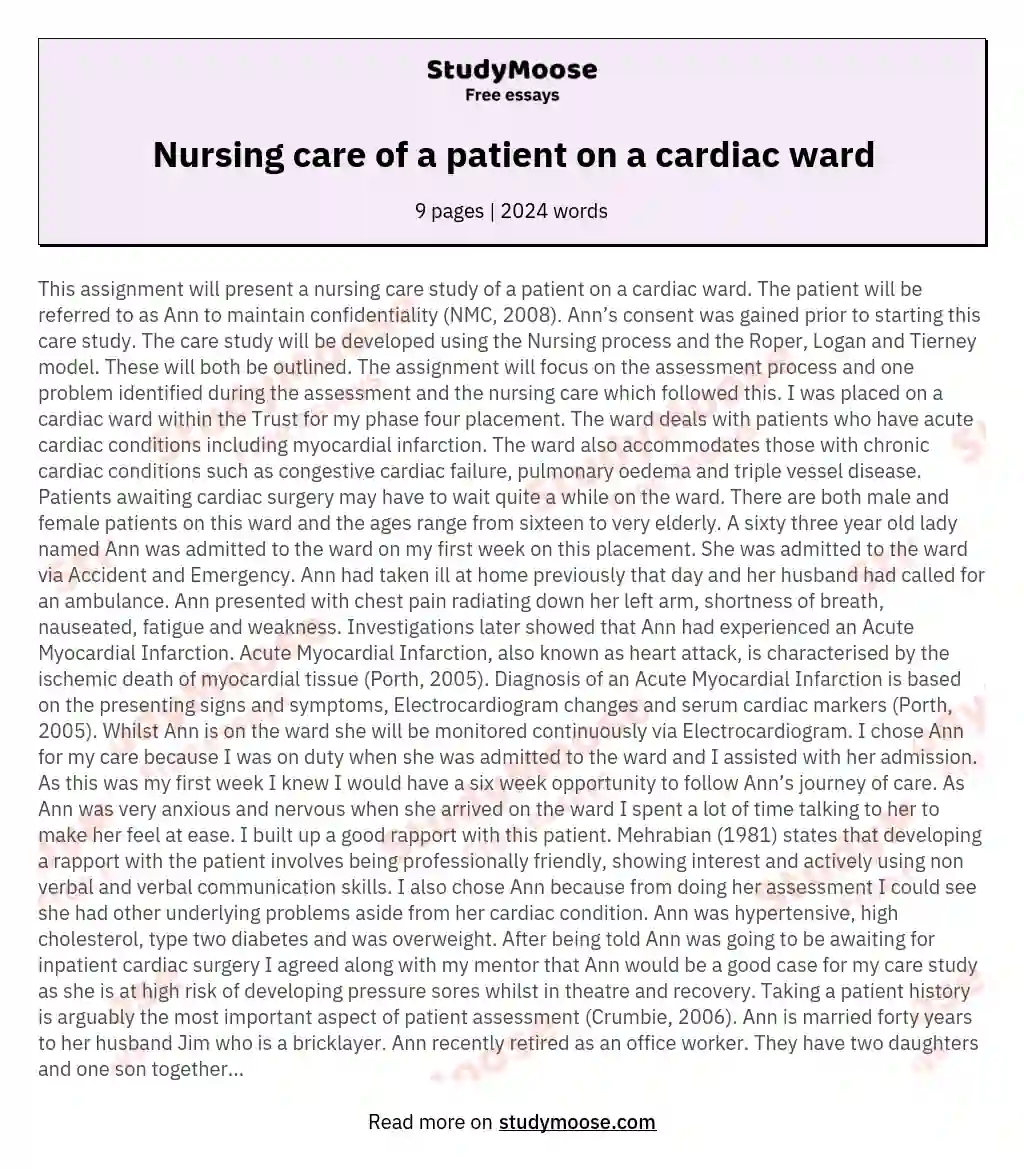 Nursing care of a patient on a cardiac ward