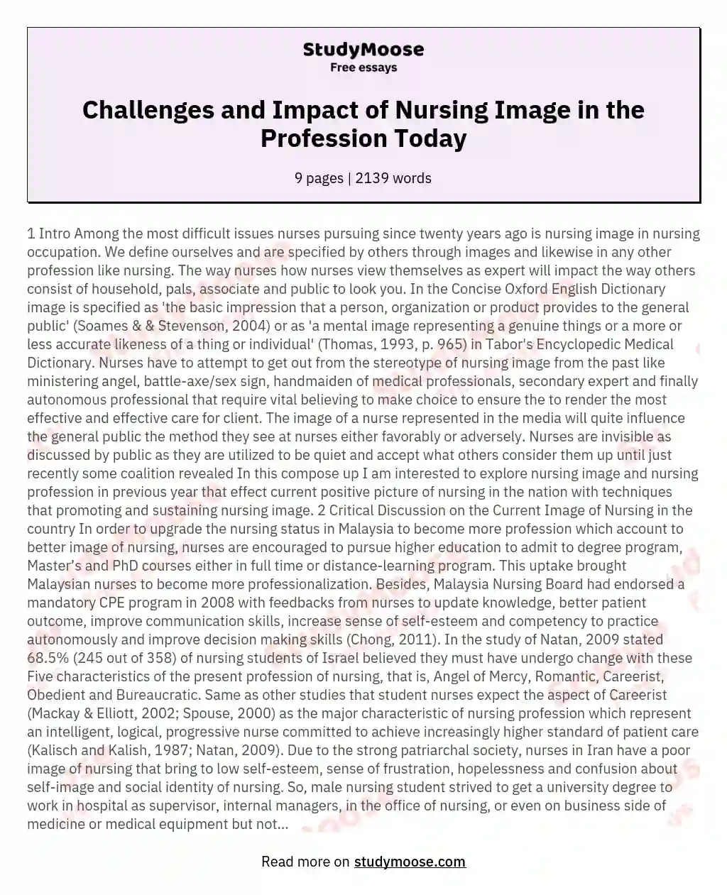 Challenges and Impact of Nursing Image in the Profession Today essay