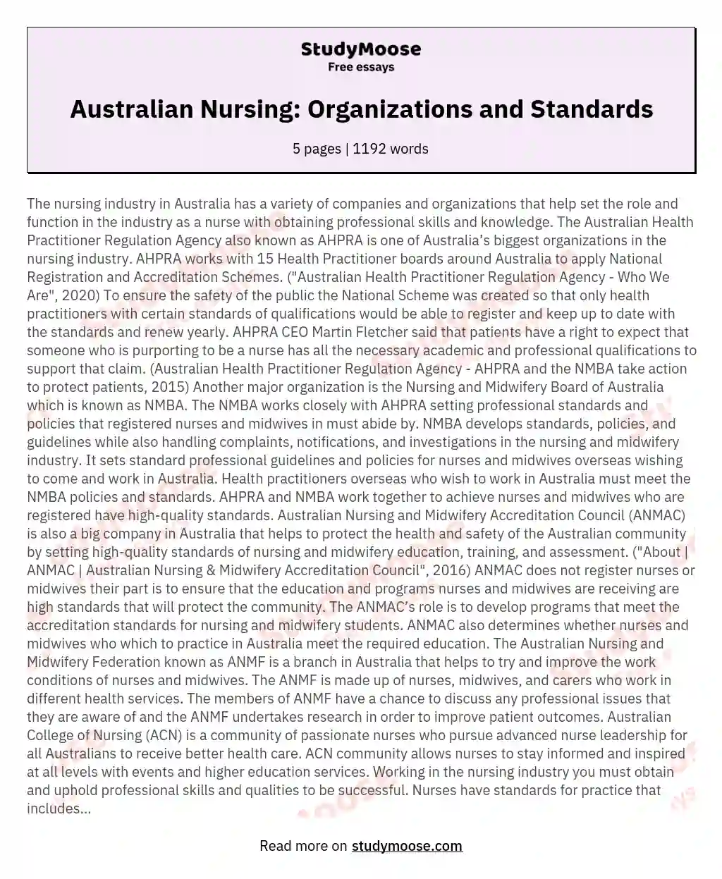 Australian Nursing: Organizations and Standards essay