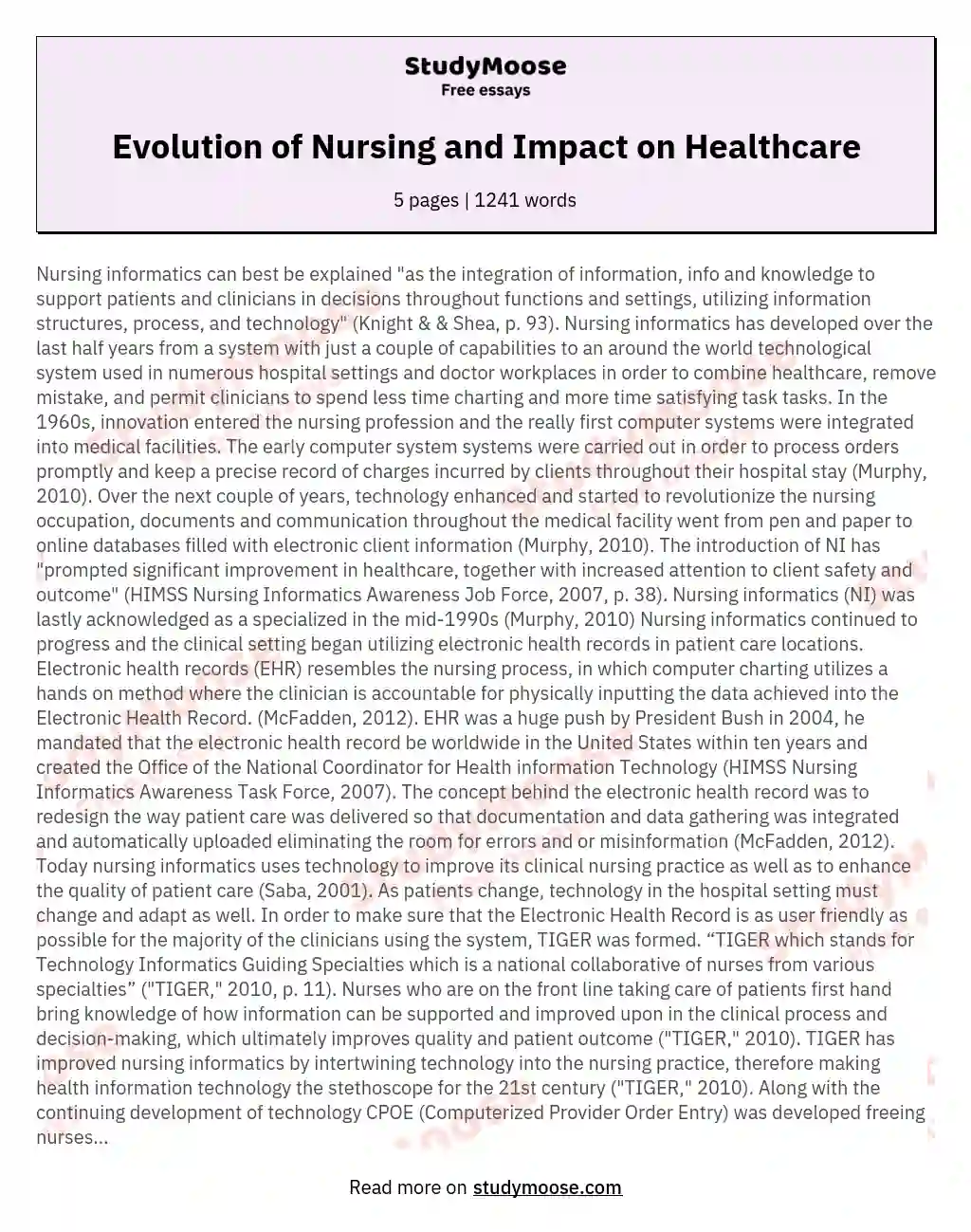 Evolution of Nursing and Impact on Healthcare essay