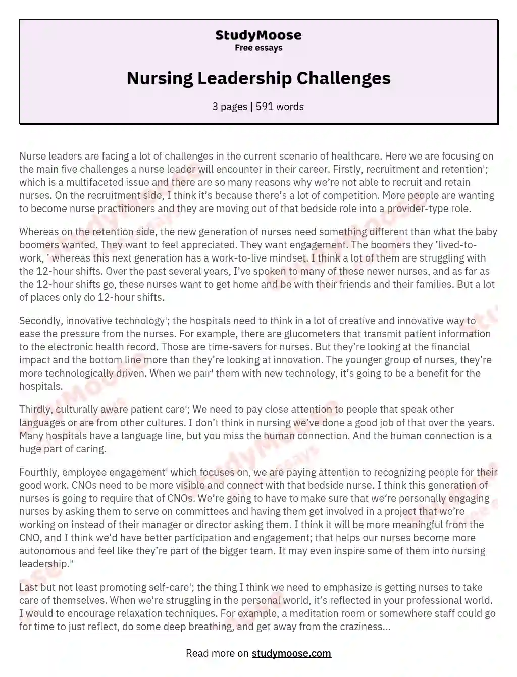 Nursing Leadership Challenges essay