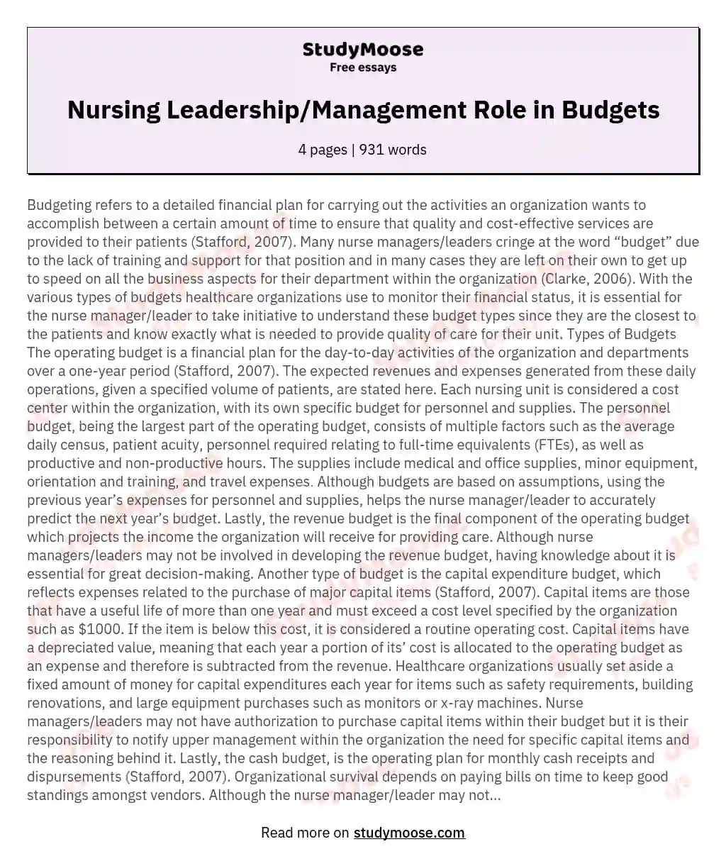 Nursing Leadership/Management Role in Budgets essay