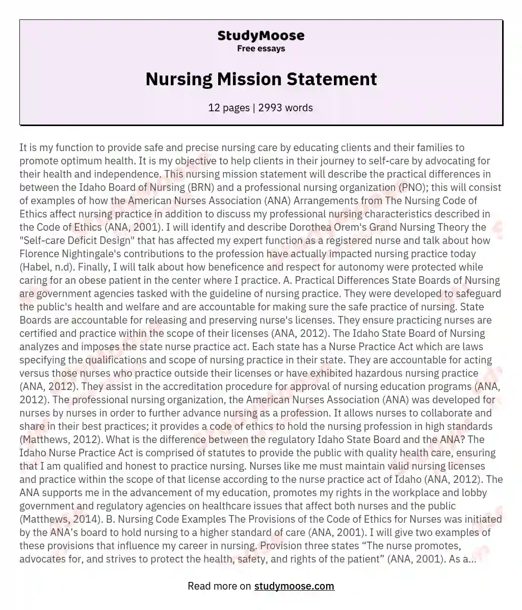 Nursing Vision And Mission Statement Examples