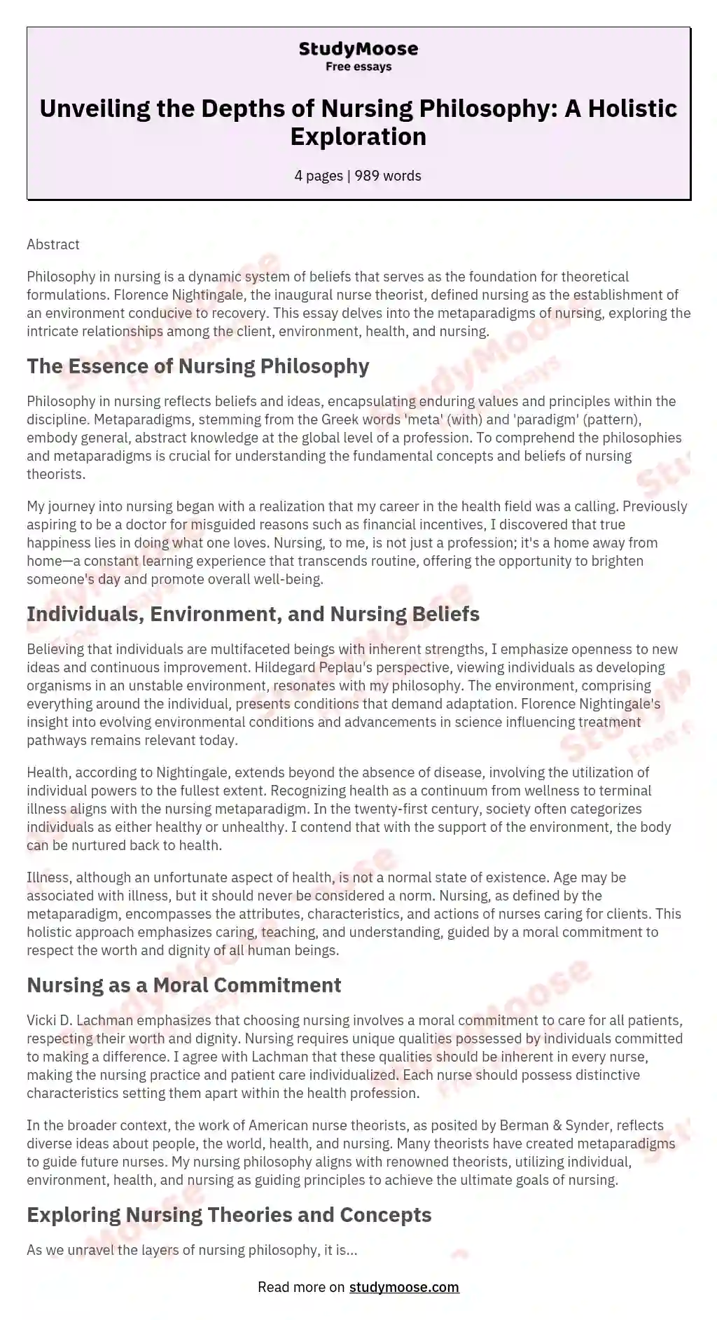 Unveiling the Depths of Nursing Philosophy: A Holistic Exploration essay
