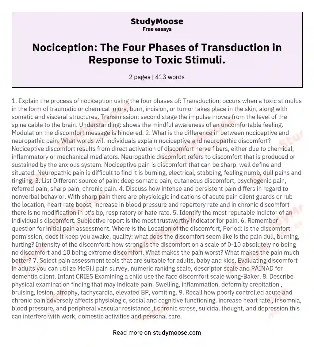 Nociception: The Four Phases of Transduction in Response to Toxic Stimuli. essay