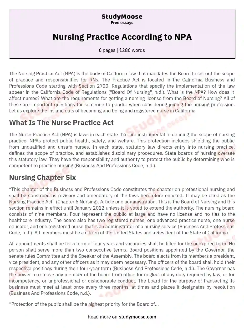 Nursing Practice According to NPA essay