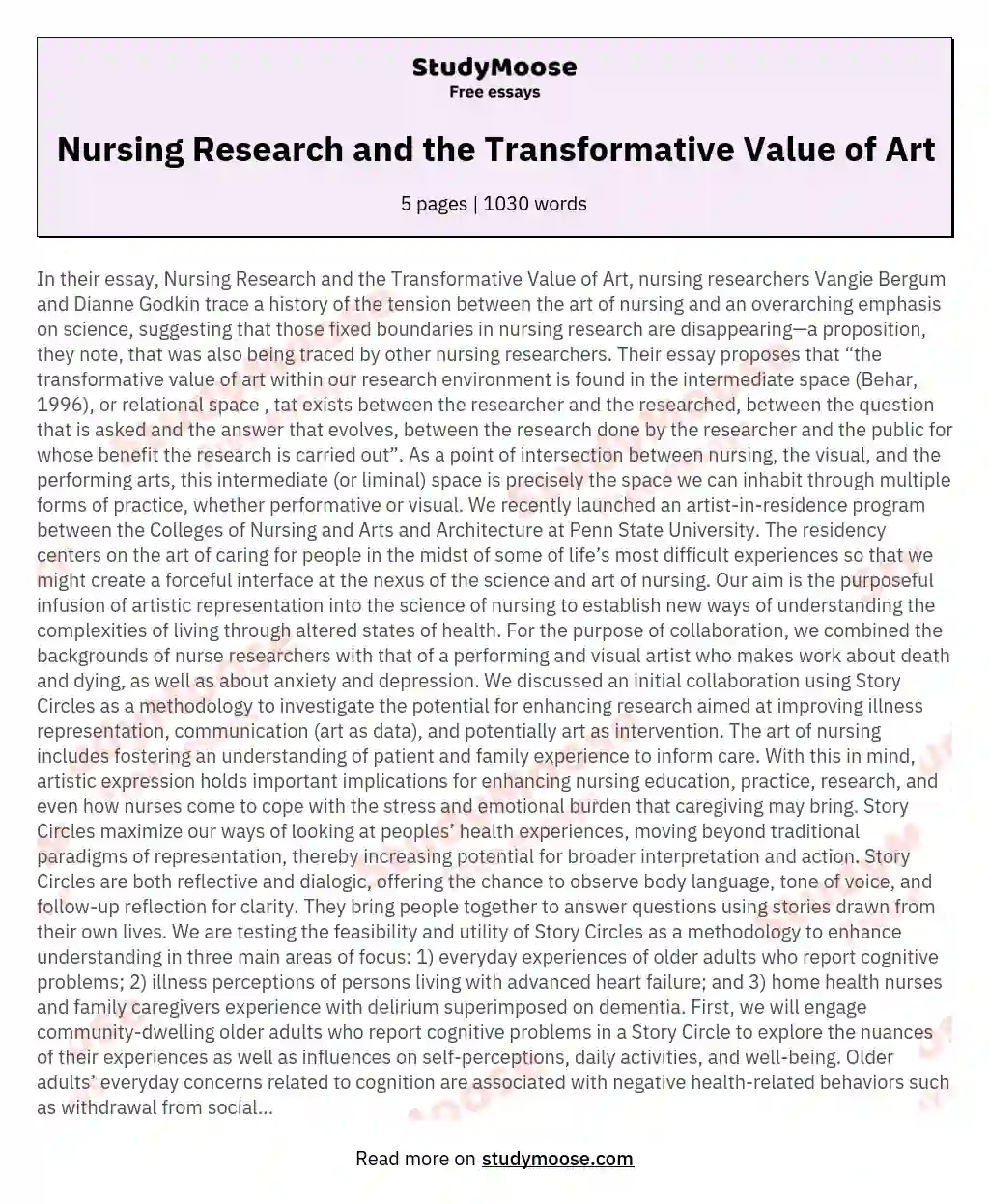 Nursing Research and the Transformative Value of Art essay