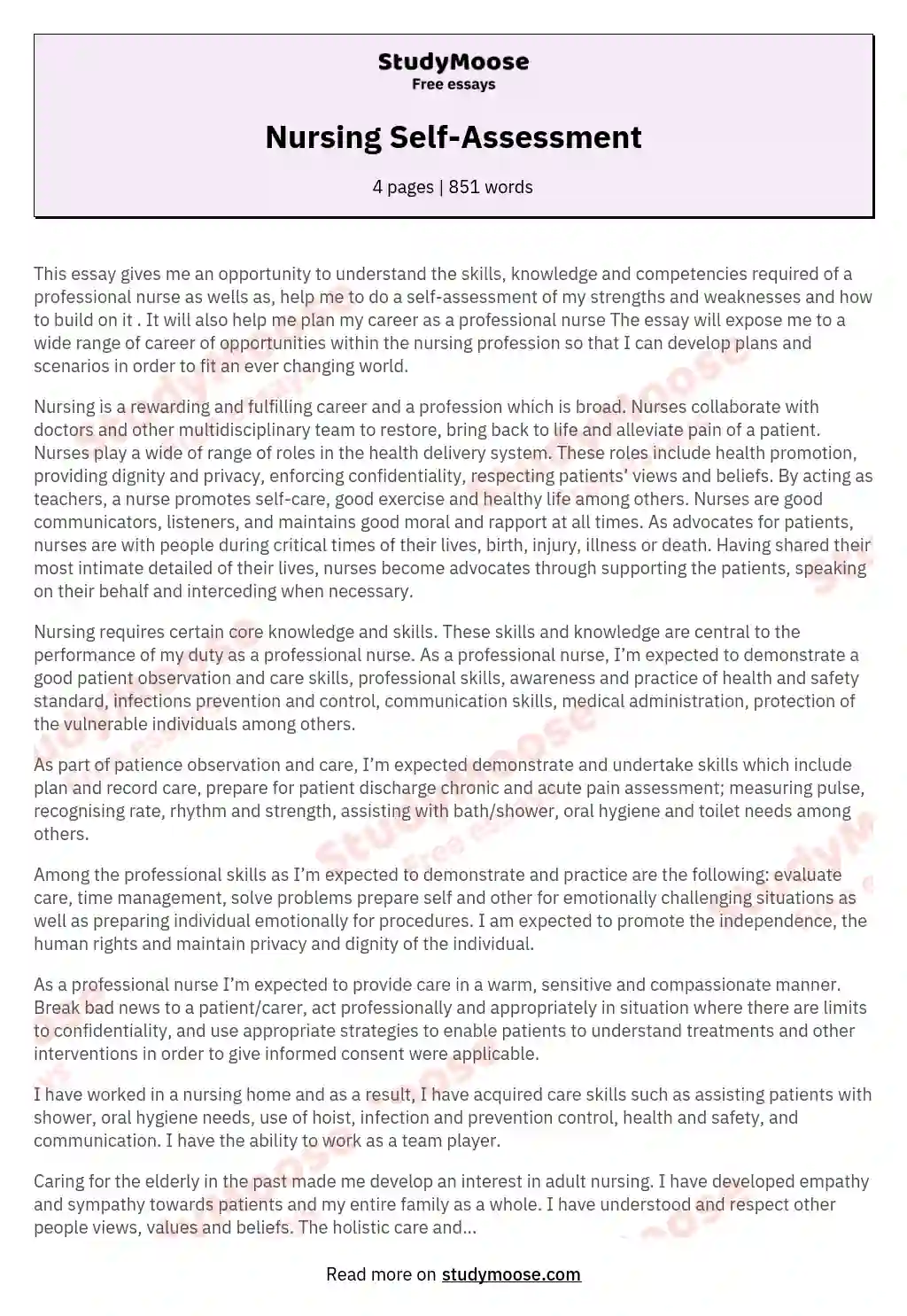 Nursing Self Assessment Free Essay Example