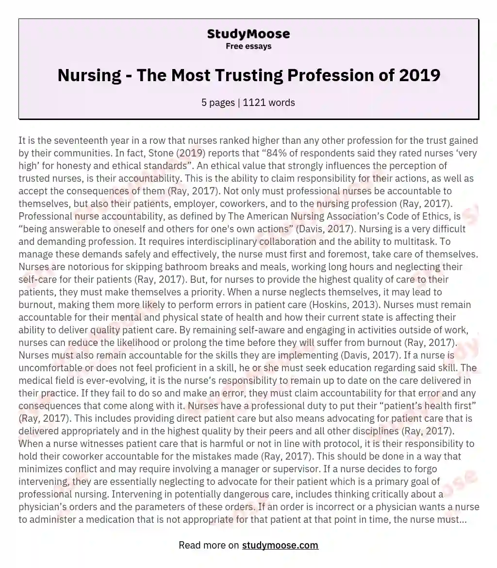 Nursing - The Most Trusting Profession of 2019 essay